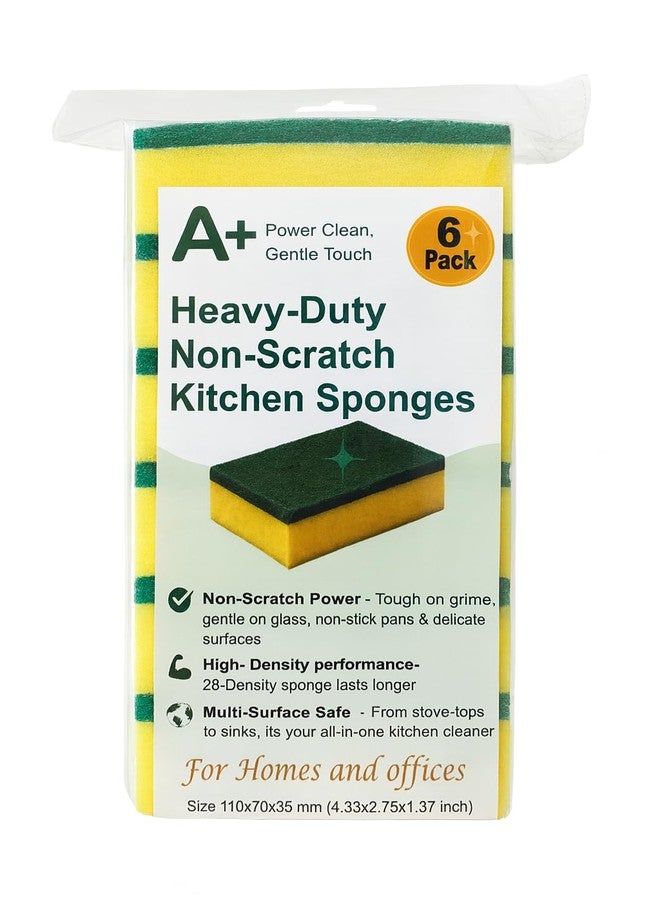 أ بلاس إسفنجة تنظيف المطبخ A Plus، إسفنجة شديدة التحمل وغير قابلة للخدش للأسطح غير اللاصقة والحساسة (عند استخدامها برفق)، عالية الكثافة، تنظيف متعدد الأسطح من الجانبين، عبوة من 6 قطع (أصفر/أخضر) - Image 2